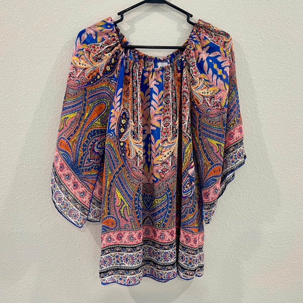 Ahto USA Womens Size M Paisley Boho Sheer Bell Sleeve Peasant 70s Retro